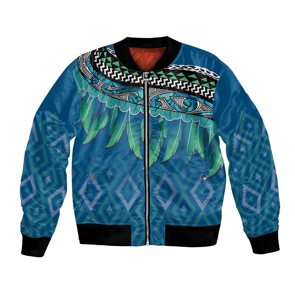 Aotearoa Maori Ngati Kahungunu Iwi Paua Blue Bomber Jacket Korowai Tukutuku Kaokao Motifs LT7 Unisex Green Blue - Polynesian Pride