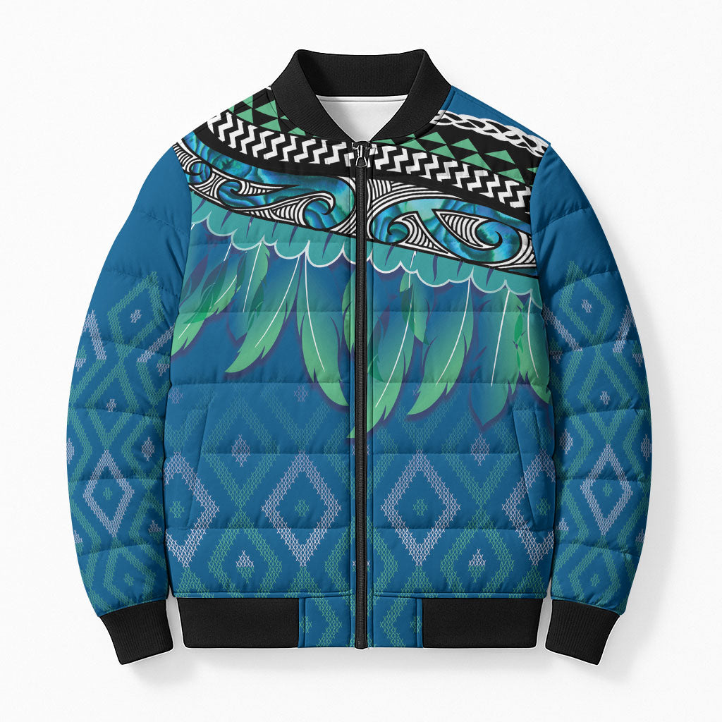 Aotearoa Maori Ngati Kahungunu Iwi Paua Blue Bomber Puffer Jacket Korowai Tukutuku Kaokao Motifs