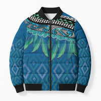 Aotearoa Maori Ngati Kahungunu Iwi Paua Blue Bomber Puffer Jacket Korowai Tukutuku Kaokao Motifs