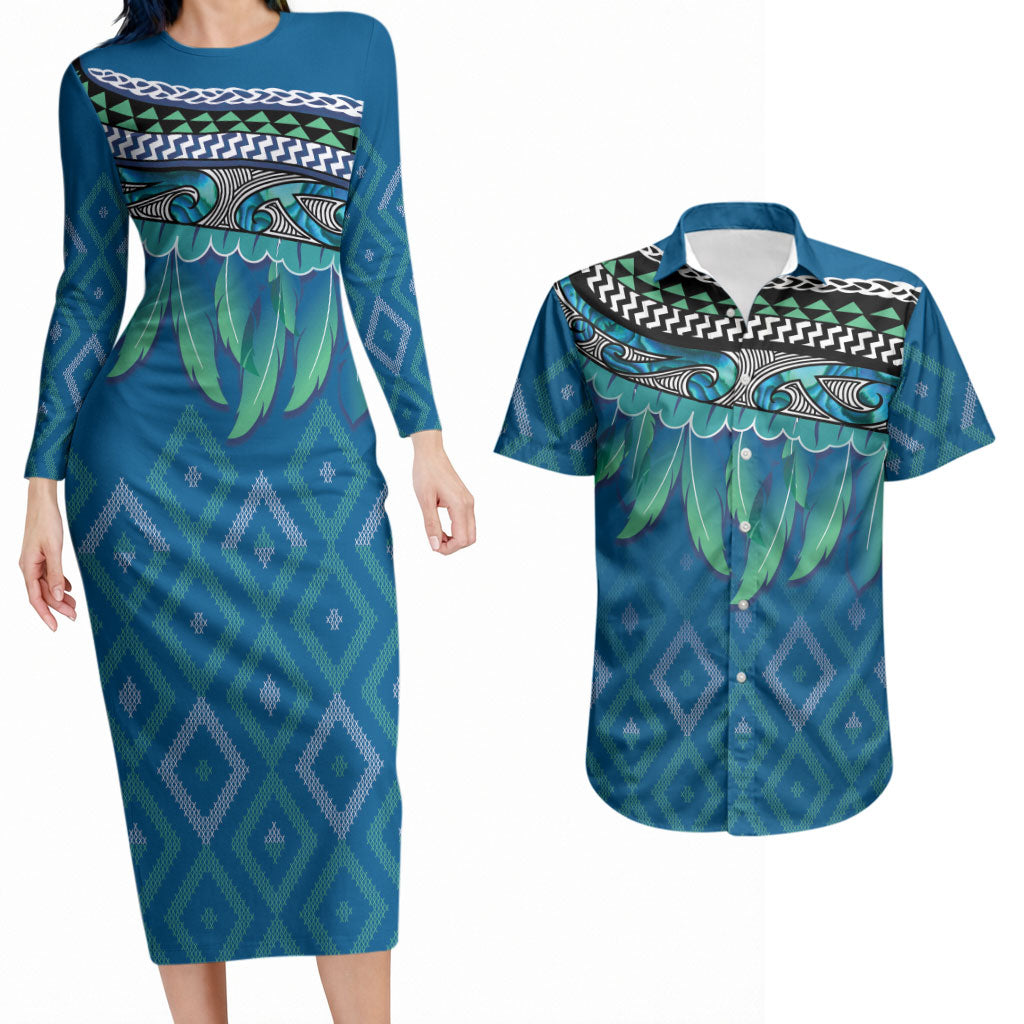 Aotearoa Maori Ngati Kahungunu Iwi Paua Blue Couples Matching Long Sleeve Bodycon Dress and Hawaiian Shirt Korowai Tukutuku Kaokao Motifs LT7 Green Blue - Polynesian Pride