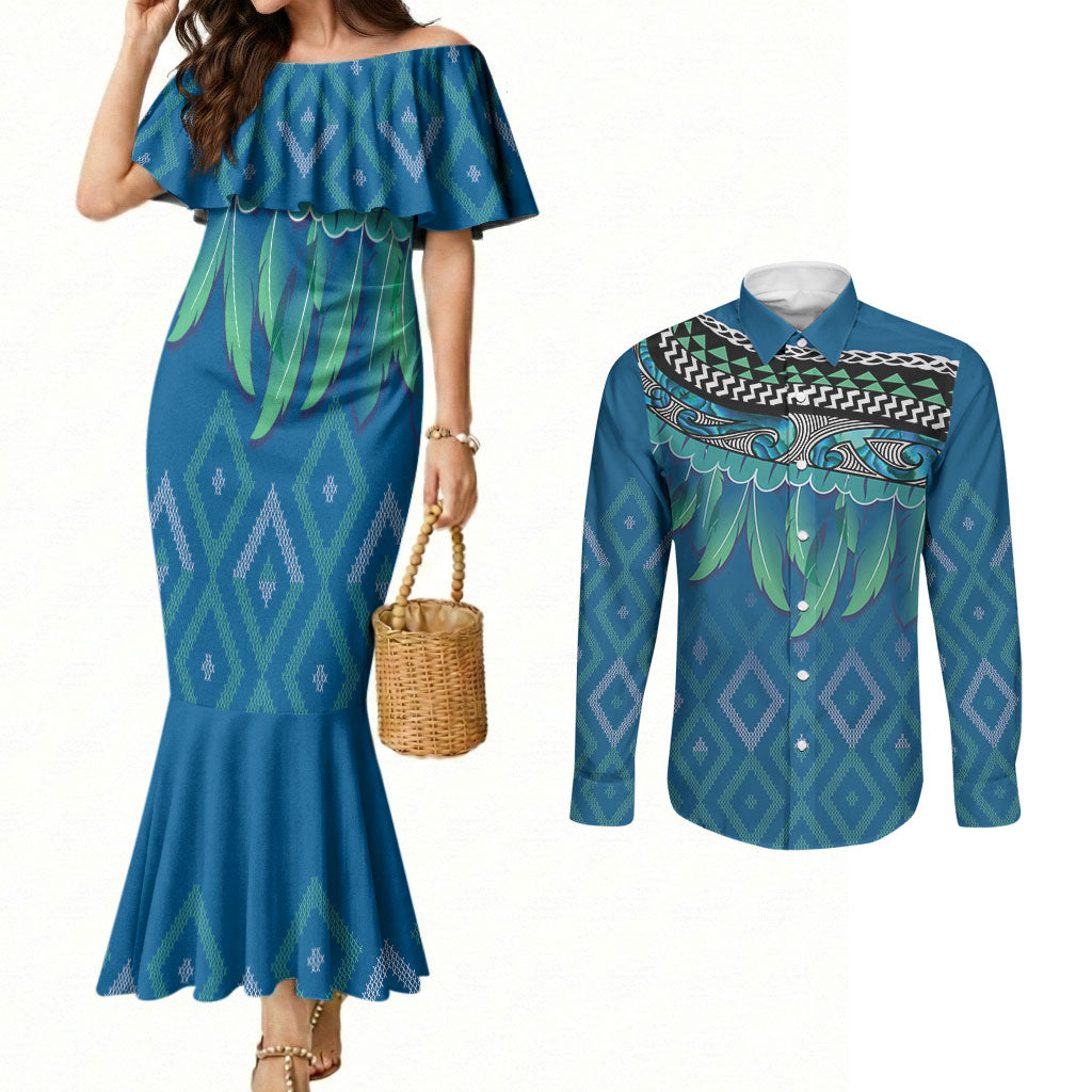 Aotearoa Maori Ngati Kahungunu Iwi Paua Blue Couples Matching Mermaid Dress and Long Sleeve Button Shirt Korowai Tukutuku Kaokao Motifs LT7 Green Blue - Polynesian Pride