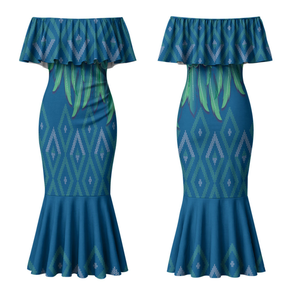 Aotearoa Maori Ngati Kahungunu Iwi Paua Blue Couples Matching Mermaid Dress and Long Sleeve Button Shirt Korowai Tukutuku Kaokao Motifs