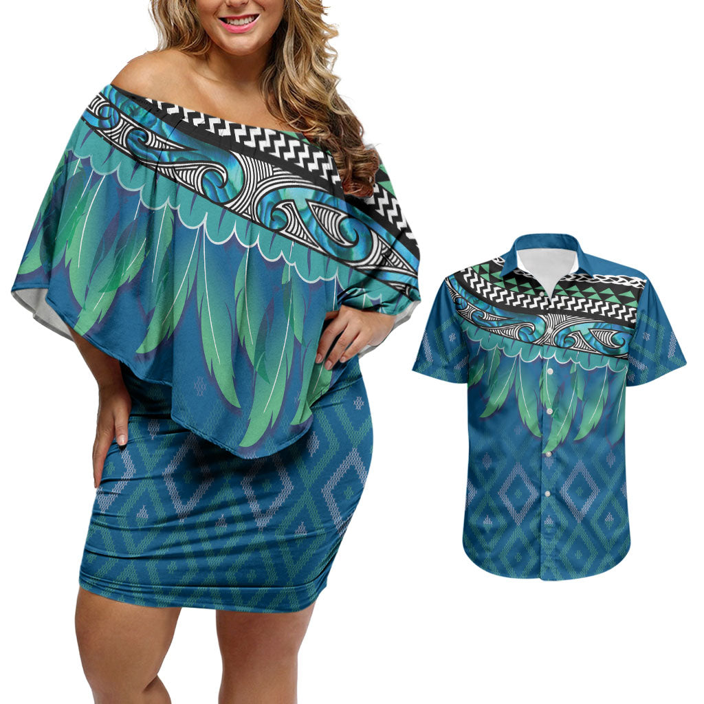 Aotearoa Maori Ngati Kahungunu Iwi Paua Blue Couples Matching Off Shoulder Short Dress and Hawaiian Shirt Korowai Tukutuku Kaokao Motifs