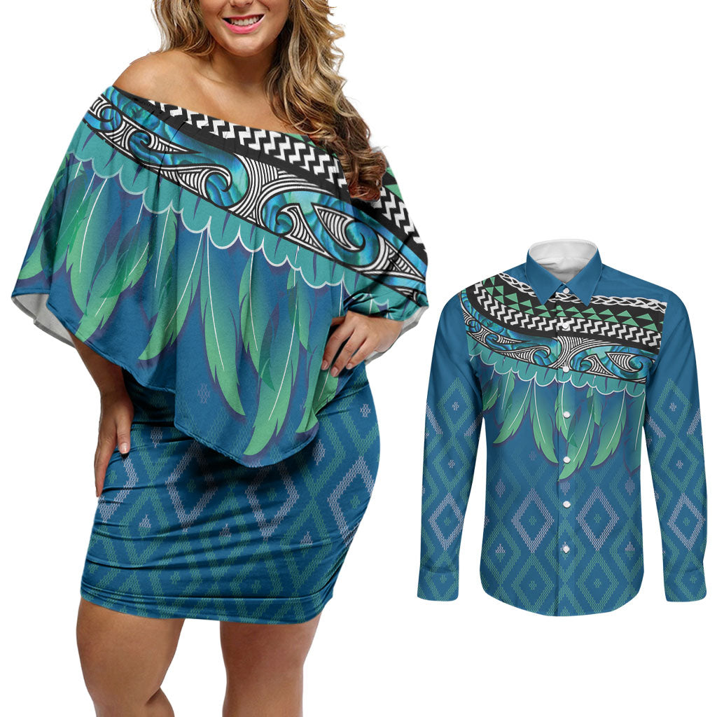 Aotearoa Maori Ngati Kahungunu Iwi Paua Blue Couples Matching Off Shoulder Short Dress and Long Sleeve Button Shirt Korowai Tukutuku Kaokao Motifs LT7 Green Blue - Polynesian Pride