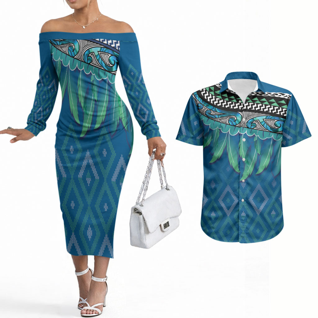 Aotearoa Maori Ngati Kahungunu Iwi Paua Blue Couples Matching Off The Shoulder Long Sleeve Dress and Hawaiian Shirt Korowai Tukutuku Kaokao Motifs LT7 Green Blue - Polynesian Pride