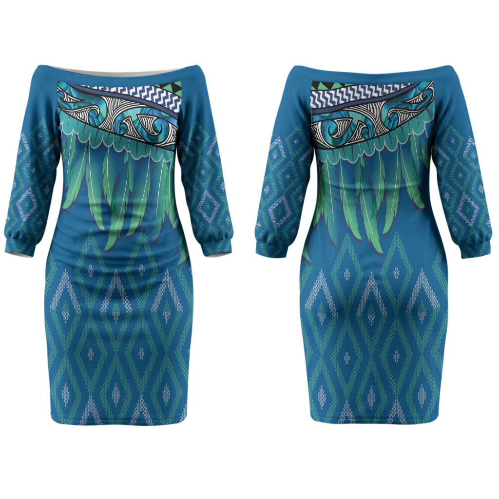 Aotearoa Maori Ngati Kahungunu Iwi Paua Blue Couples Matching Off The Shoulder Long Sleeve Dress and Long Sleeve Button Shirt Korowai Tukutuku Kaokao Motifs