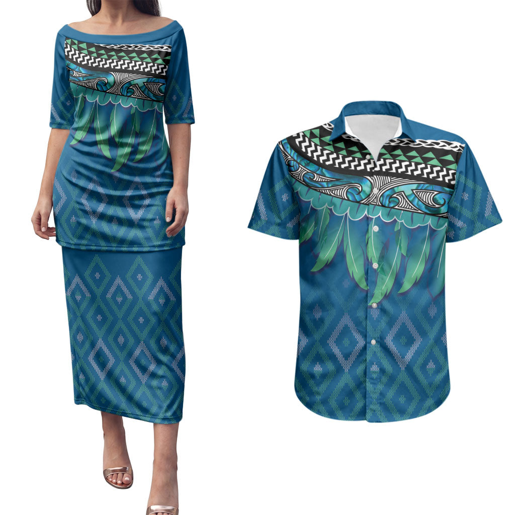 Aotearoa Maori Ngati Kahungunu Iwi Paua Blue Couples Matching Puletasi and Hawaiian Shirt Korowai Tukutuku Kaokao Motifs LT7 Green Blue - Polynesian Pride