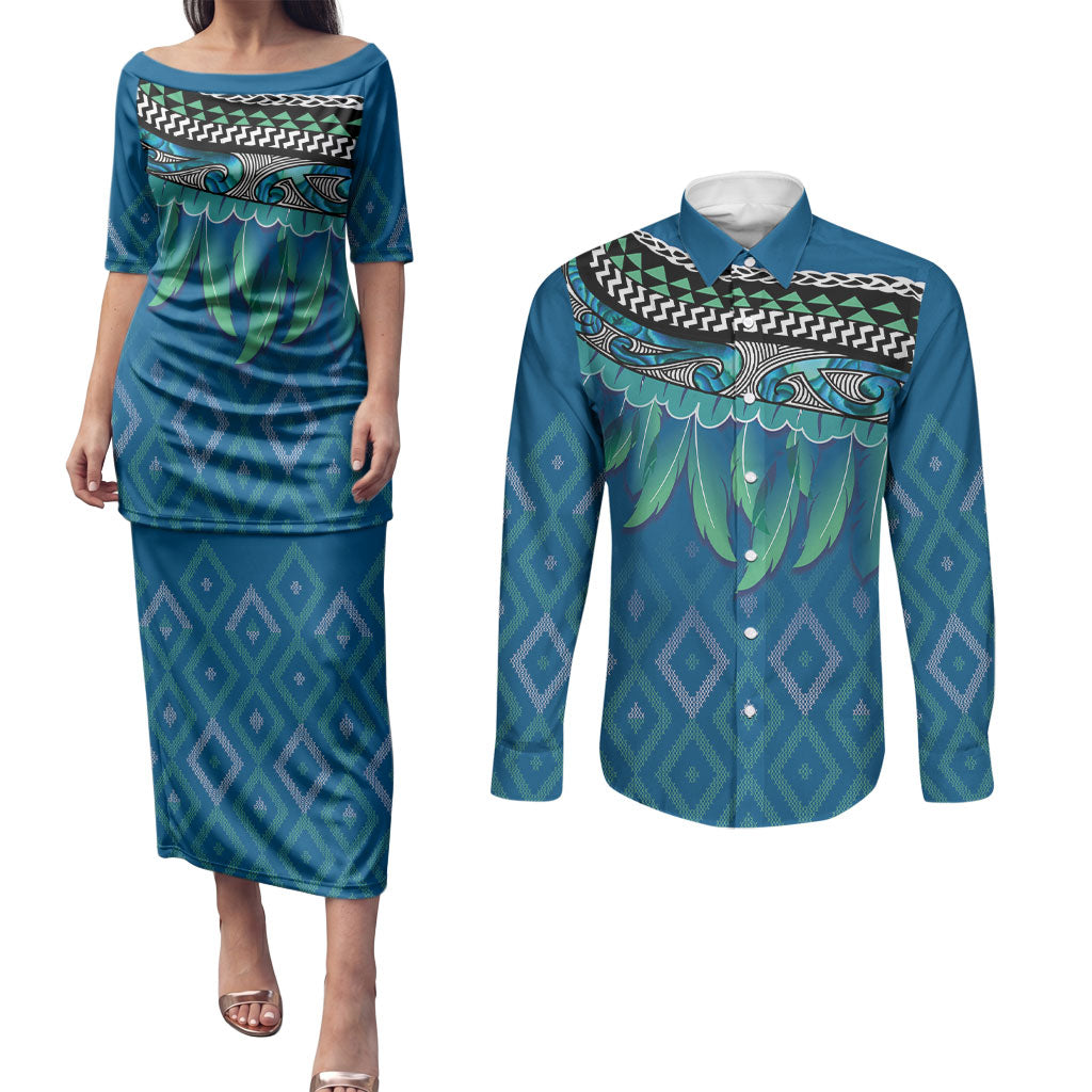 Aotearoa Maori Ngati Kahungunu Iwi Paua Blue Couples Matching Puletasi and Long Sleeve Button Shirt Korowai Tukutuku Kaokao Motifs LT7 Green Blue - Polynesian Pride