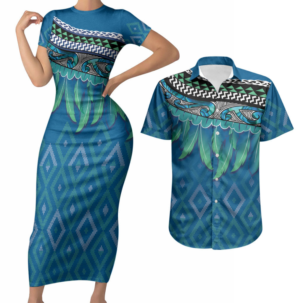 Aotearoa Maori Ngati Kahungunu Iwi Paua Blue Couples Matching Short Sleeve Bodycon Dress and Hawaiian Shirt Korowai Tukutuku Kaokao Motifs LT7 Green Blue - Polynesian Pride