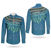 Aotearoa Maori Ngati Kahungunu Iwi Paua Blue Couples Matching Short Sleeve Bodycon Dress and Long Sleeve Button Shirt Korowai Tukutuku Kaokao Motifs