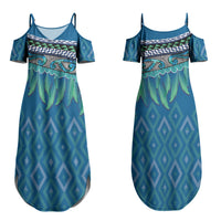 Aotearoa Maori Ngati Kahungunu Iwi Paua Blue Couples Matching Summer Maxi Dress and Hawaiian Shirt Korowai Tukutuku Kaokao Motifs