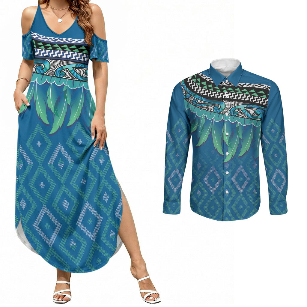 Aotearoa Maori Ngati Kahungunu Iwi Paua Blue Couples Matching Summer Maxi Dress and Long Sleeve Button Shirt Korowai Tukutuku Kaokao Motifs LT7 Green Blue - Polynesian Pride