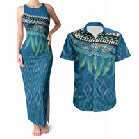 Aotearoa Maori Ngati Kahungunu Iwi Paua Blue Couples Matching Tank Maxi Dress and Hawaiian Shirt Korowai Tukutuku Kaokao Motifs