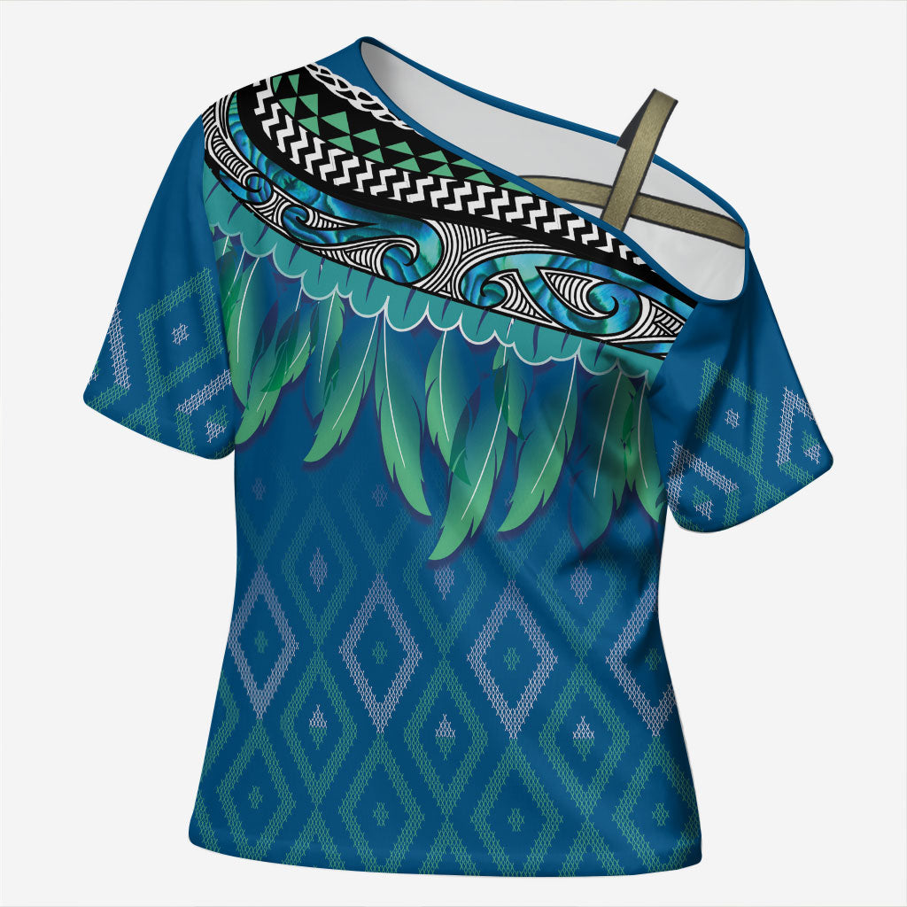 Aotearoa Maori Ngati Kahungunu Iwi Paua Blue Cross Shoulder Shirt Korowai Tukutuku Kaokao Motifs
