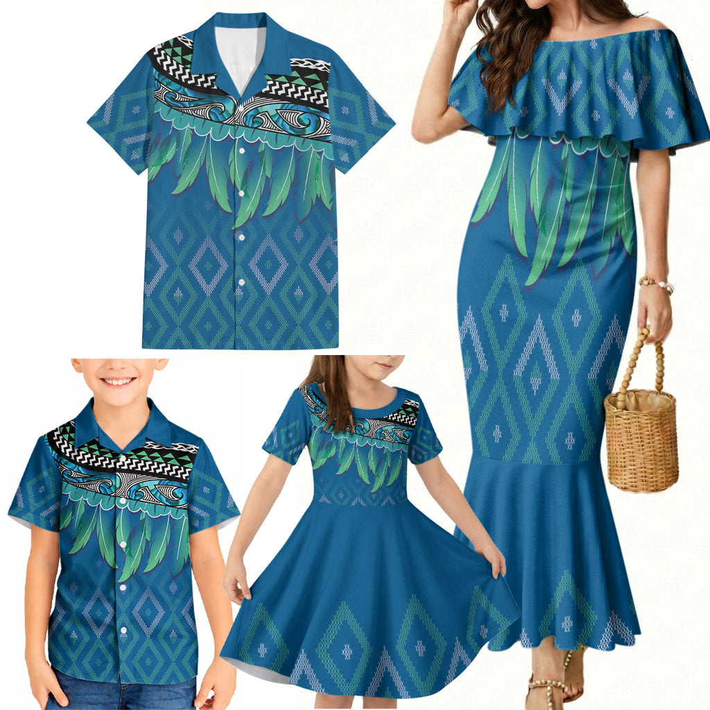 Aotearoa Maori Ngati Kahungunu Iwi Paua Blue Family Matching Mermaid Dress and Hawaiian Shirt Korowai Tukutuku Kaokao Motifs LT7 - Polynesian Pride