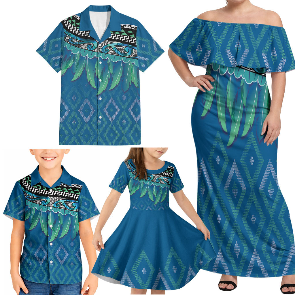 Aotearoa Maori Ngati Kahungunu Iwi Paua Blue Family Matching Off Shoulder Maxi Dress and Hawaiian Shirt Korowai Tukutuku Kaokao Motifs LT7 - Polynesian Pride