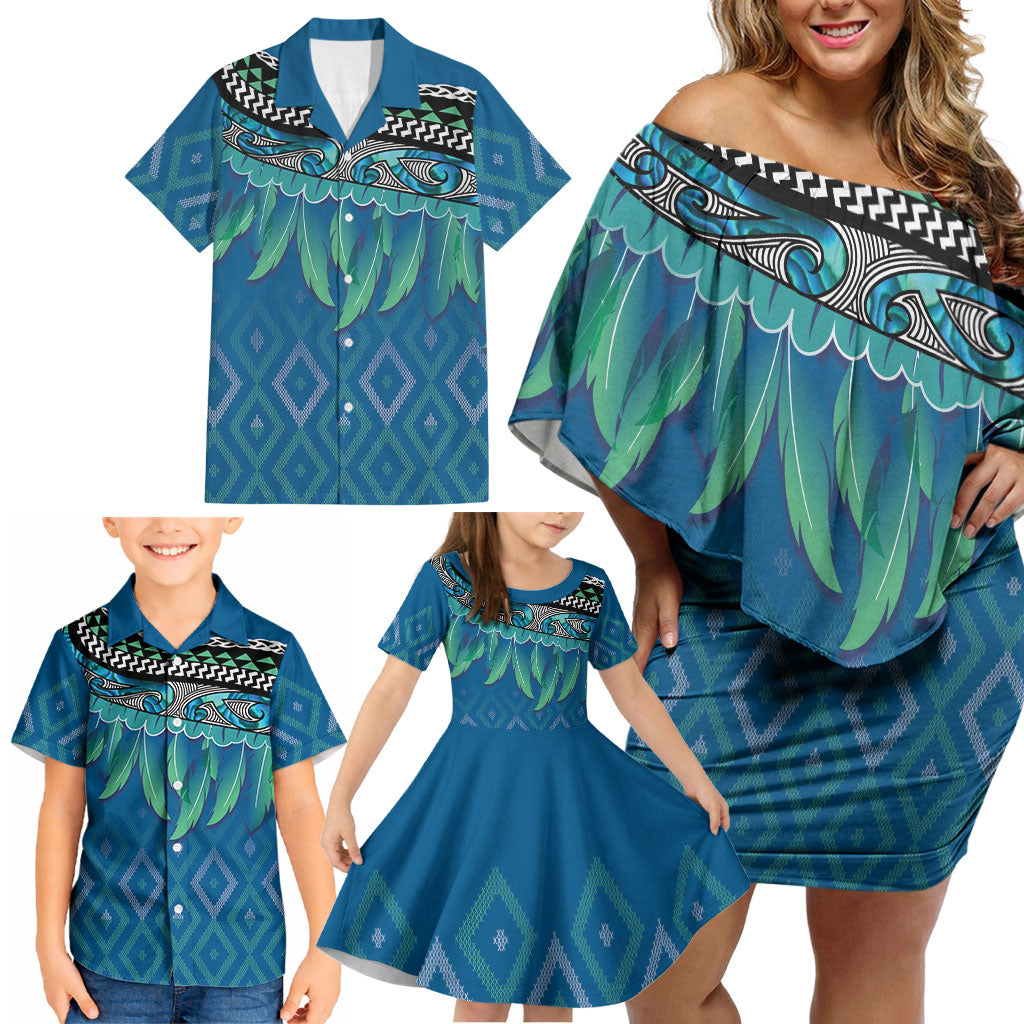 Aotearoa Maori Ngati Kahungunu Iwi Paua Blue Family Matching Off Shoulder Short Dress and Hawaiian Shirt Korowai Tukutuku Kaokao Motifs LT7 - Polynesian Pride