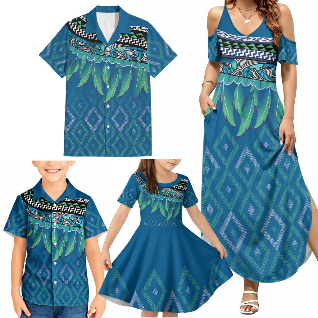 Aotearoa Maori Ngati Kahungunu Iwi Paua Blue Family Matching Summer Maxi Dress and Hawaiian Shirt Korowai Tukutuku Kaokao Motifs LT7 - Polynesian Pride