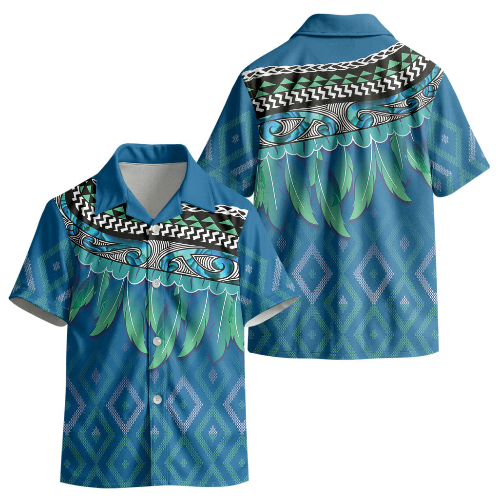 Aotearoa Maori Ngati Kahungunu Iwi Paua Blue Kid Hawaiian Shirt Korowai Tukutuku Kaokao Motifs
