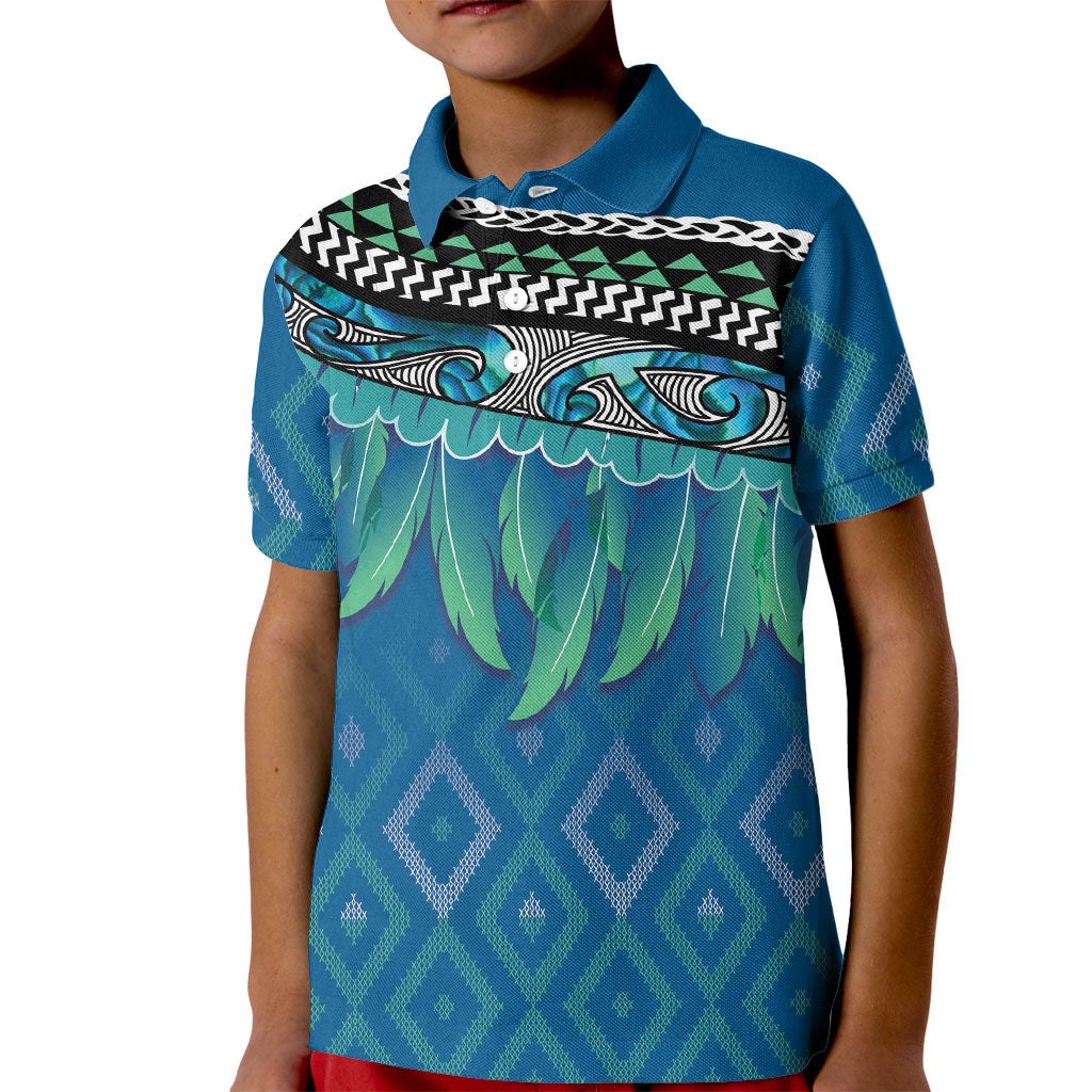 Aotearoa Maori Ngati Kahungunu Iwi Paua Blue Kid Polo Shirt Korowai Tukutuku Kaokao Motifs