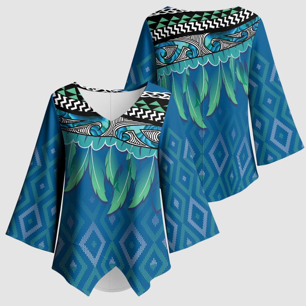 Aotearoa Maori Ngati Kahungunu Iwi Paua Blue Kimono Sleeve Blouse Korowai Tukutuku Kaokao Motifs