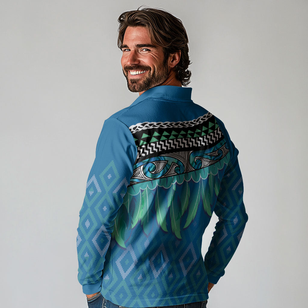 Aotearoa Maori Ngati Kahungunu Iwi Paua Blue Long Sleeve Polo Shirt Korowai Tukutuku Kaokao Motifs