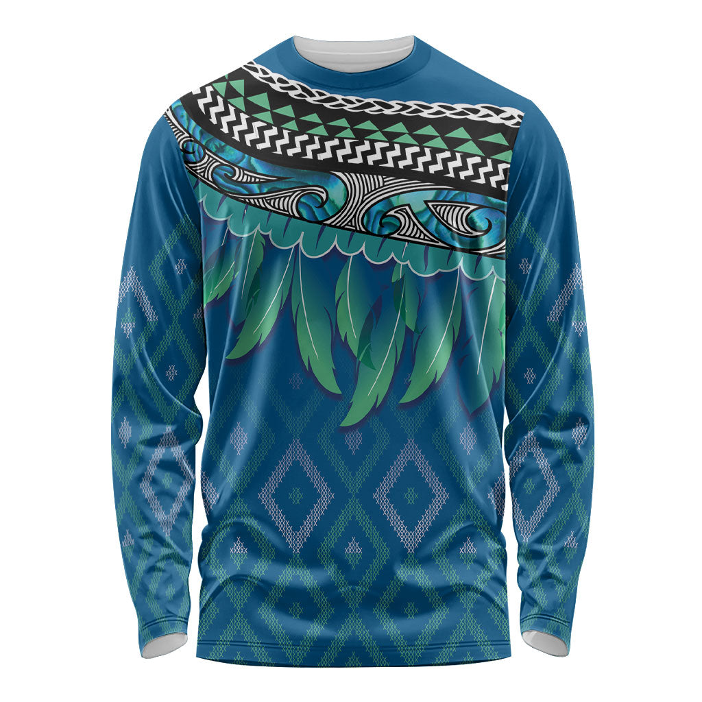 Aotearoa Maori Ngati Kahungunu Iwi Paua Blue Long Sleeve Shirt Korowai Tukutuku Kaokao Motifs LT7 Unisex Green Blue - Polynesian Pride