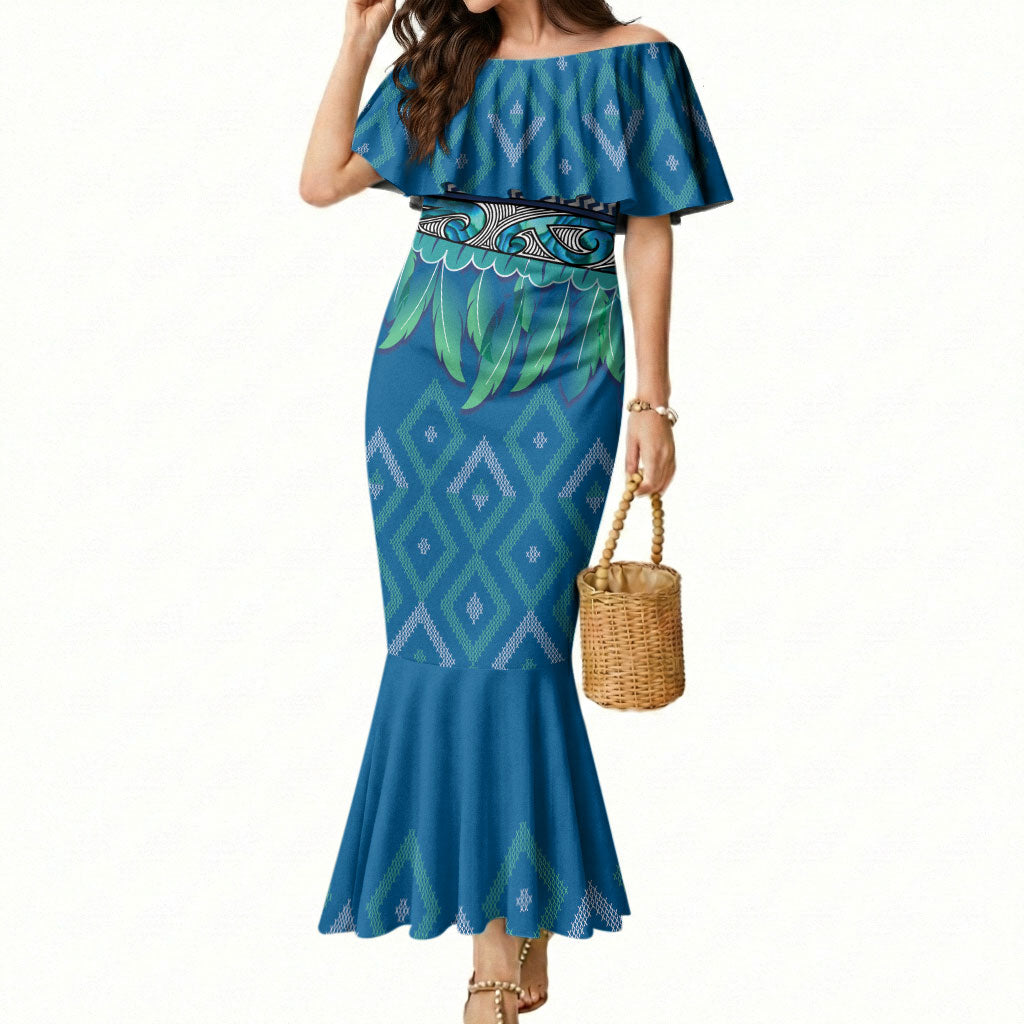 Aotearoa Maori Ngati Kahungunu Iwi Paua Blue Mermaid Dress Korowai Tukutuku Kaokao Motifs LT7 Women Green Blue - Polynesian Pride