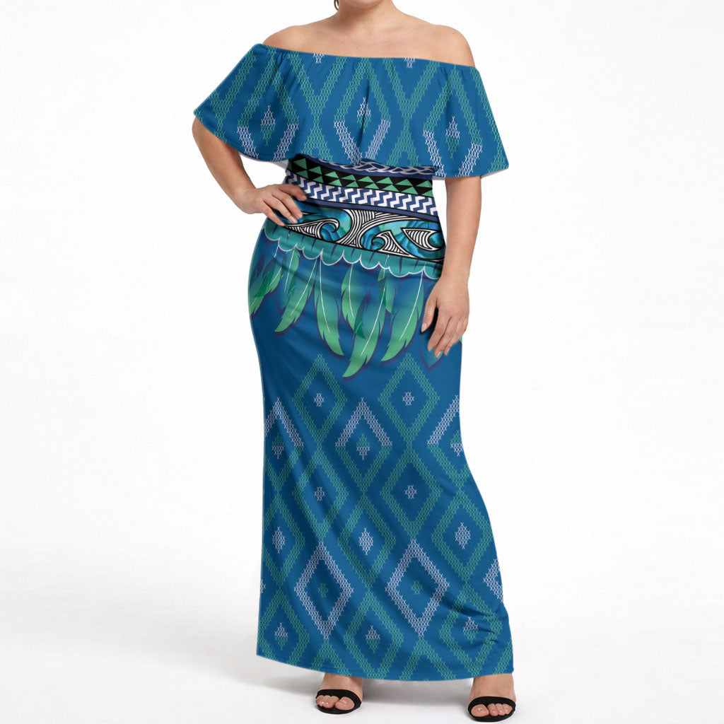 Aotearoa Maori Ngati Kahungunu Iwi Paua Blue Off Shoulder Maxi Dress Korowai Tukutuku Kaokao Motifs