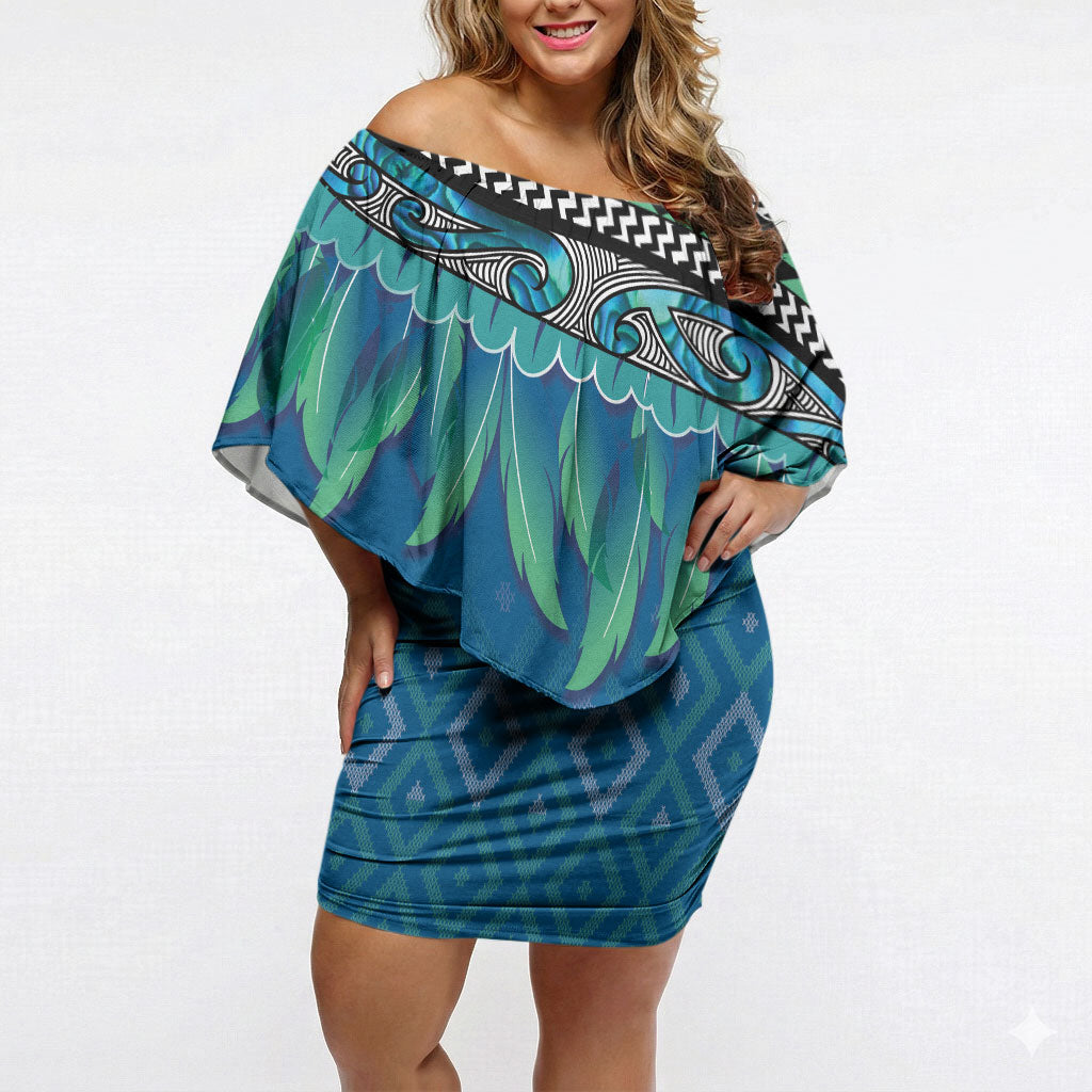 Aotearoa Maori Ngati Kahungunu Iwi Paua Blue Off Shoulder Short Dress Korowai Tukutuku Kaokao Motifs LT7 Women Green Blue - Polynesian Pride