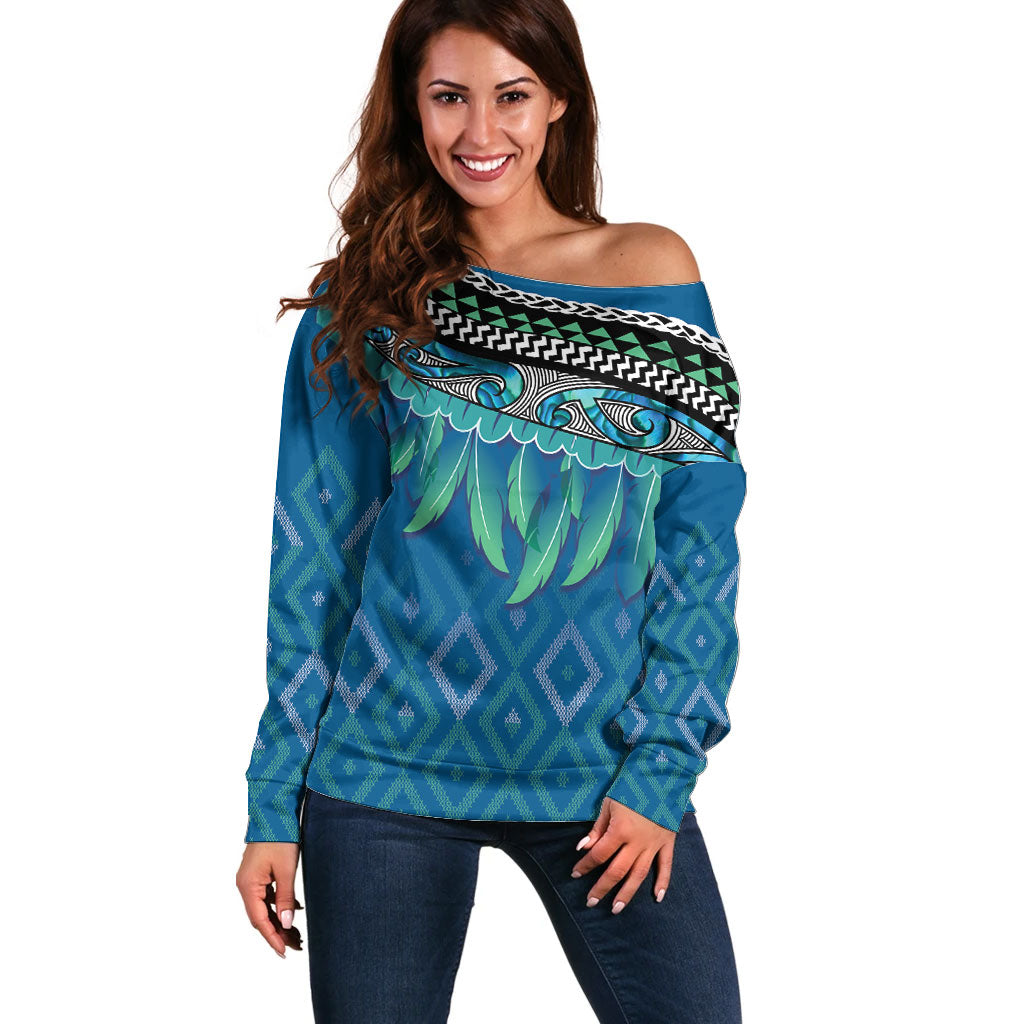 Aotearoa Maori Ngati Kahungunu Iwi Paua Blue Off Shoulder Sweater Korowai Tukutuku Kaokao Motifs LT7 Women Green Blue - Polynesian Pride