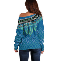 Aotearoa Maori Ngati Kahungunu Iwi Paua Blue Off Shoulder Sweater Korowai Tukutuku Kaokao Motifs