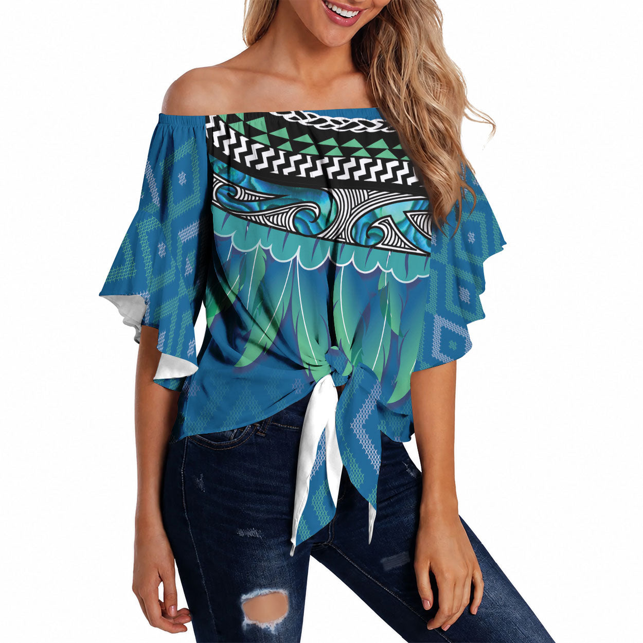 Aotearoa Maori Ngati Kahungunu Iwi Paua Blue Off Shoulder Wrap Waist Top Korowai Tukutuku Kaokao Motifs LT7 Green Blue - Polynesian Pride