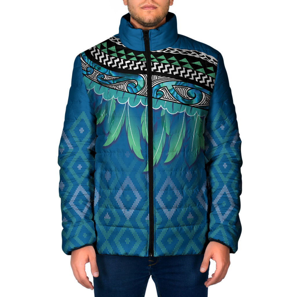Aotearoa Maori Ngati Kahungunu Iwi Paua Blue Padded Jacket Korowai Tukutuku Kaokao Motifs LT7 Men Green Blue - Polynesian Pride