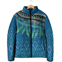 Aotearoa Maori Ngati Kahungunu Iwi Paua Blue Padded Jacket Korowai Tukutuku Kaokao Motifs