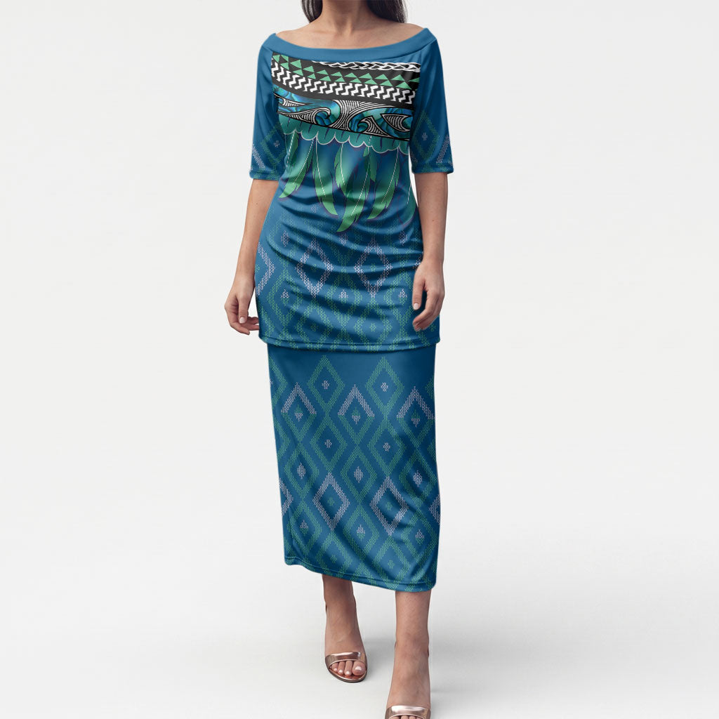 Aotearoa Maori Ngati Kahungunu Iwi Paua Blue Puletasi Korowai Tukutuku Kaokao Motifs LT7 Long Dress Green Blue - Polynesian Pride