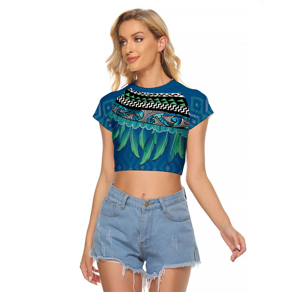 Aotearoa Maori Ngati Kahungunu Iwi Paua Blue Raglan Cropped T Shirt Korowai Tukutuku Kaokao Motifs LT7 Female Green Blue - Polynesian Pride