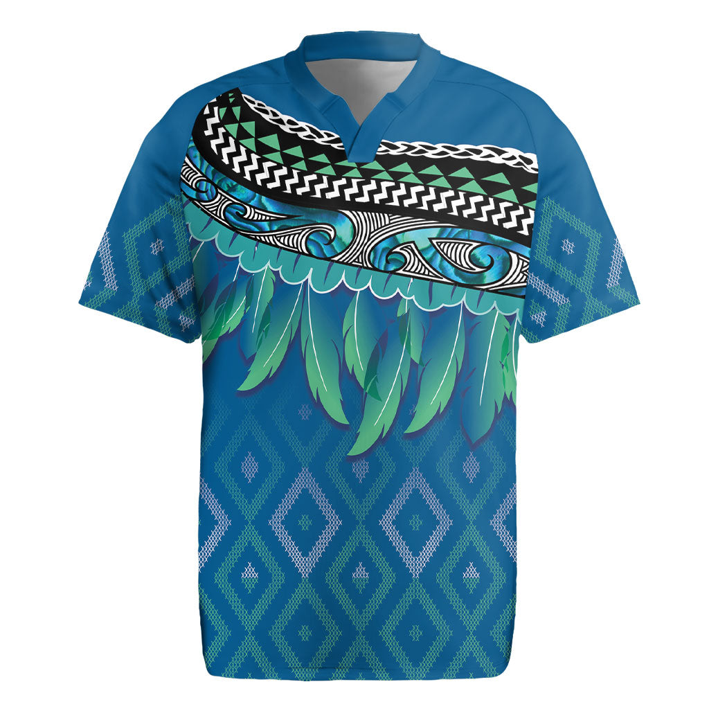 Aotearoa Maori Ngati Kahungunu Iwi Paua Blue Rugby Jersey Korowai Tukutuku Kaokao Motifs LT7 Green Blue - Polynesian Pride
