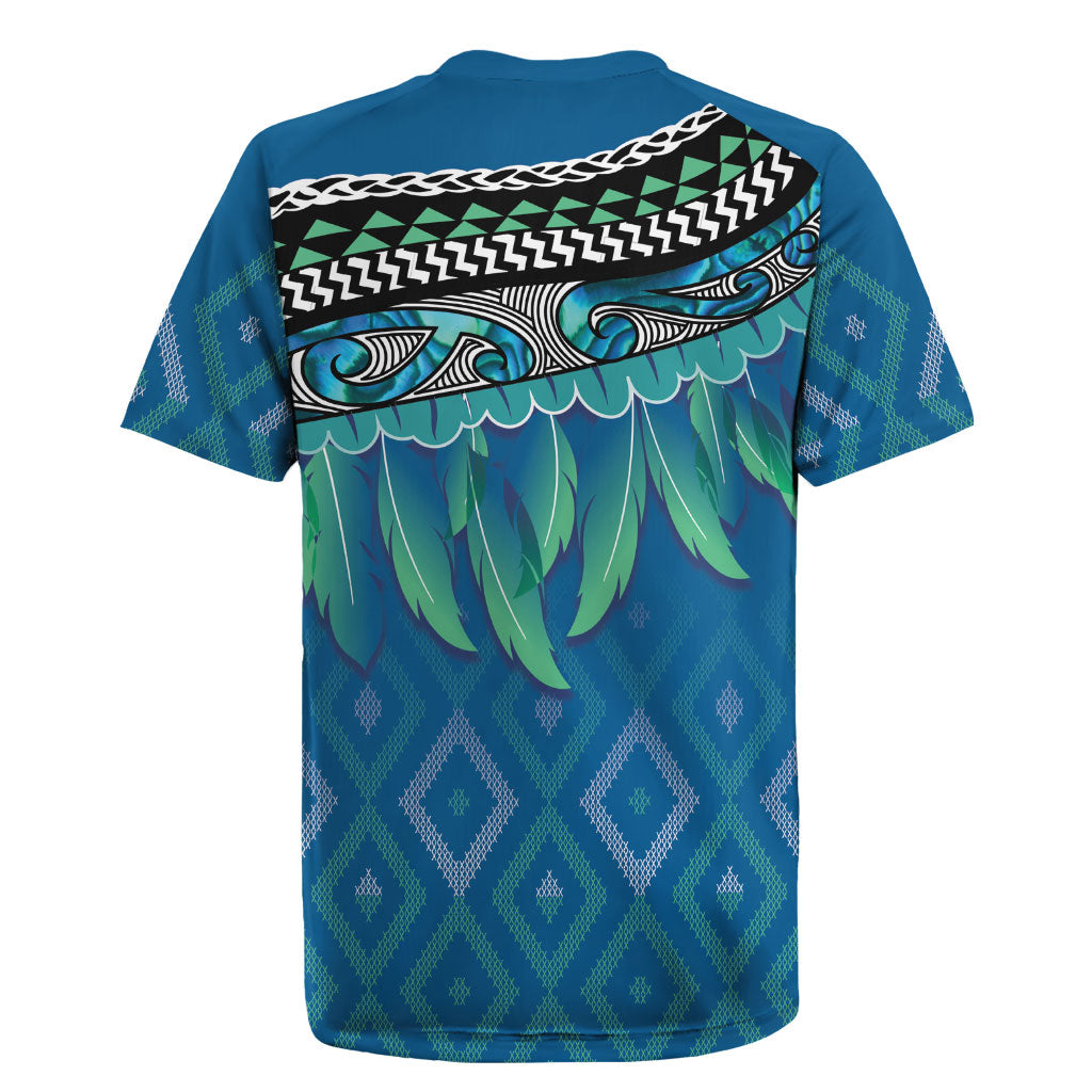 Aotearoa Maori Ngati Kahungunu Iwi Paua Blue Rugby Jersey Korowai Tukutuku Kaokao Motifs