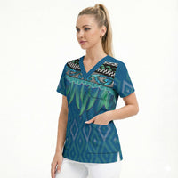 Aotearoa Maori Ngati Kahungunu Iwi Paua Blue Scrub Top Korowai Tukutuku Kaokao Motifs