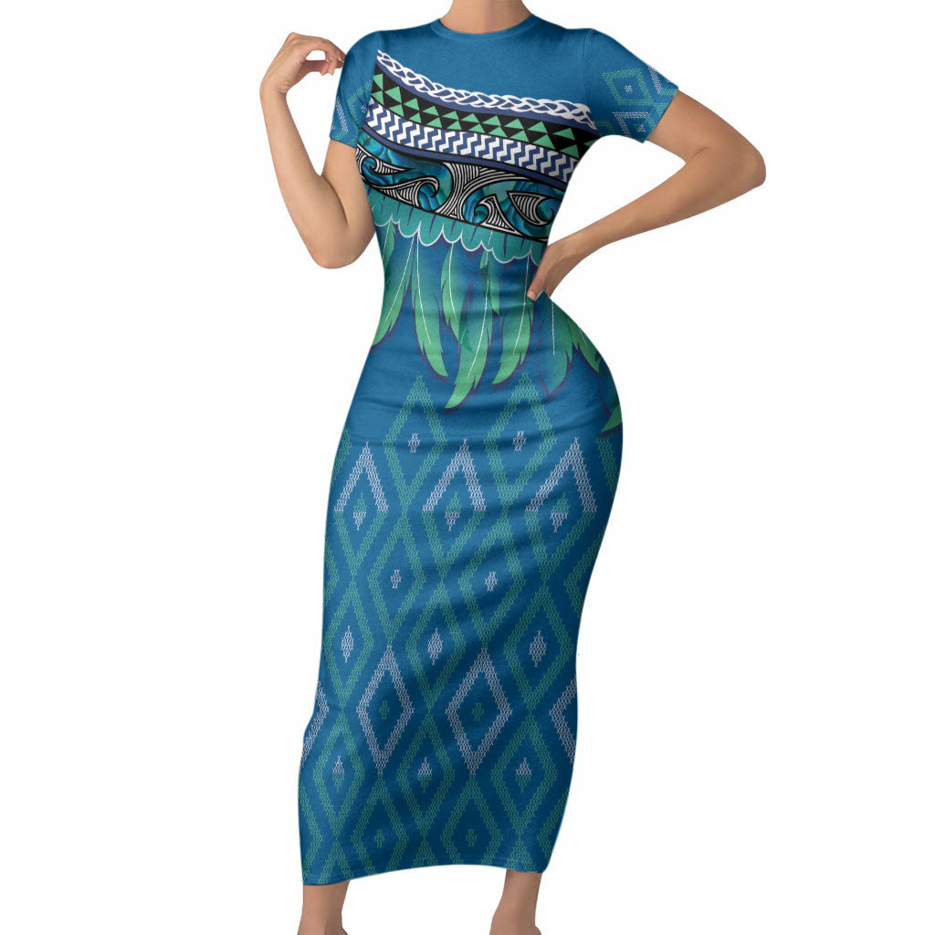 Aotearoa Maori Ngati Kahungunu Iwi Paua Blue Short Sleeve Bodycon Dress Korowai Tukutuku Kaokao Motifs LT7 Long Dress Green Blue - Polynesian Pride