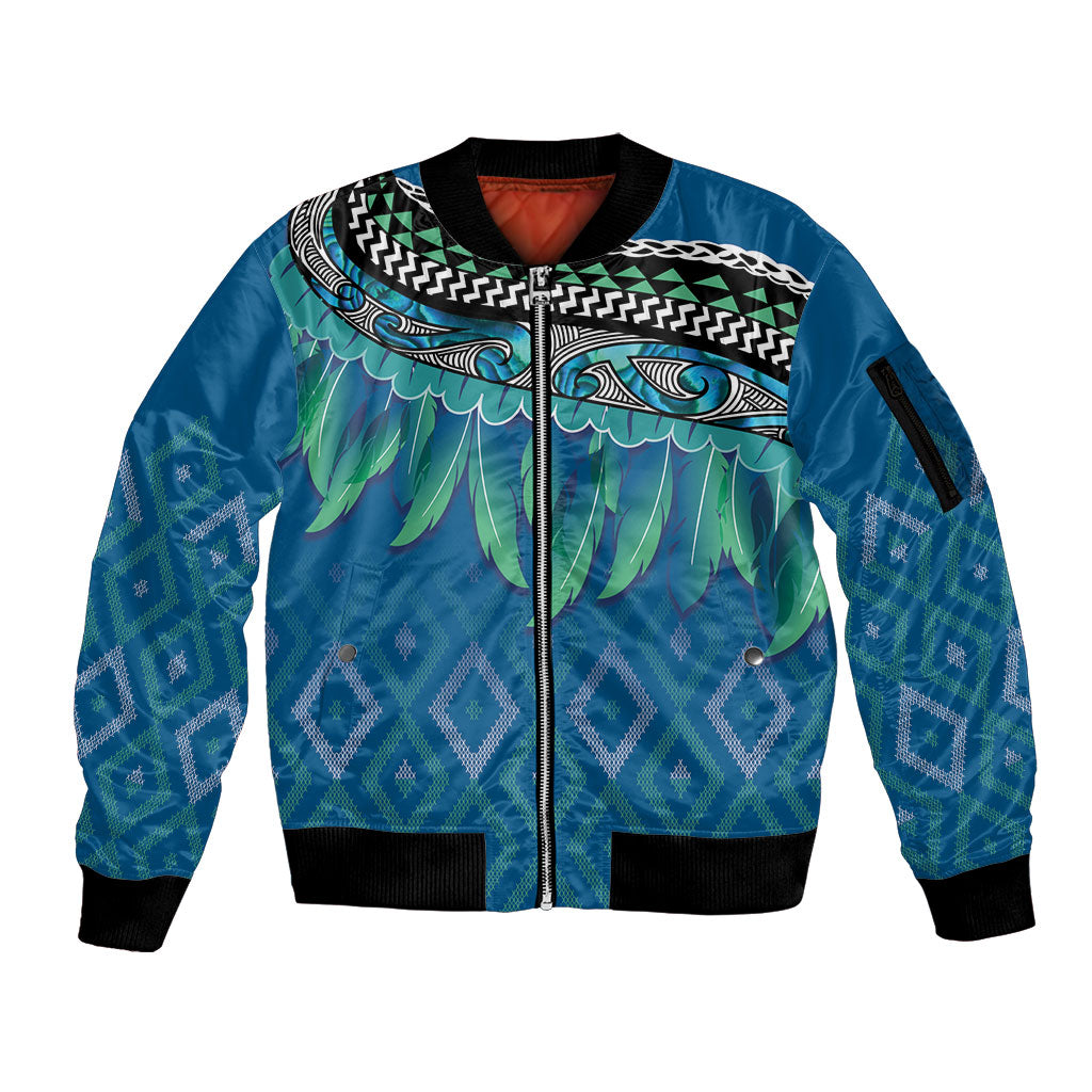 Aotearoa Maori Ngati Kahungunu Iwi Paua Blue Sleeve Zip Bomber Jacket Korowai Tukutuku Kaokao Motifs LT7 Unisex Green Blue - Polynesian Pride