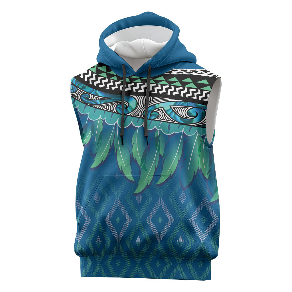 Aotearoa Maori Ngati Kahungunu Iwi Paua Blue Sleeveless Hoodie Korowai Tukutuku Kaokao Motifs LT7 Green Blue - Polynesian Pride