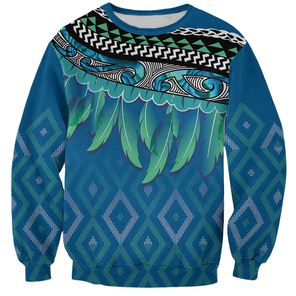 Aotearoa Maori Ngati Kahungunu Iwi Paua Blue Sweatshirt Korowai Tukutuku Kaokao Motifs LT7 Unisex Green Blue - Polynesian Pride