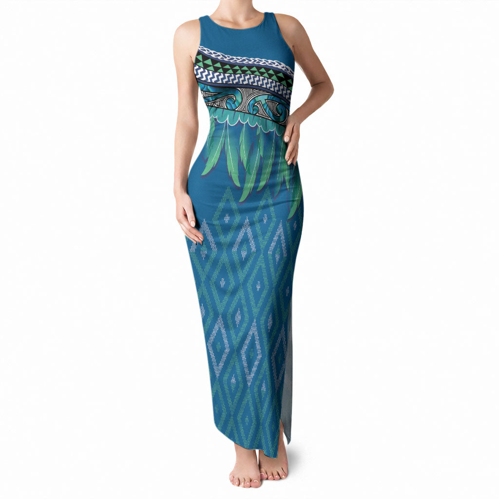 Aotearoa Maori Ngati Kahungunu Iwi Paua Blue Tank Maxi Dress Korowai Tukutuku Kaokao Motifs LT7 Women Green Blue - Polynesian Pride