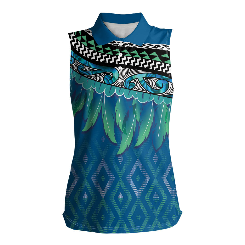 Aotearoa Maori Ngati Kahungunu Iwi Paua Blue Women Sleeveless Polo Shirt Korowai Tukutuku Kaokao Motifs LT7 Female Green Blue - Polynesian Pride