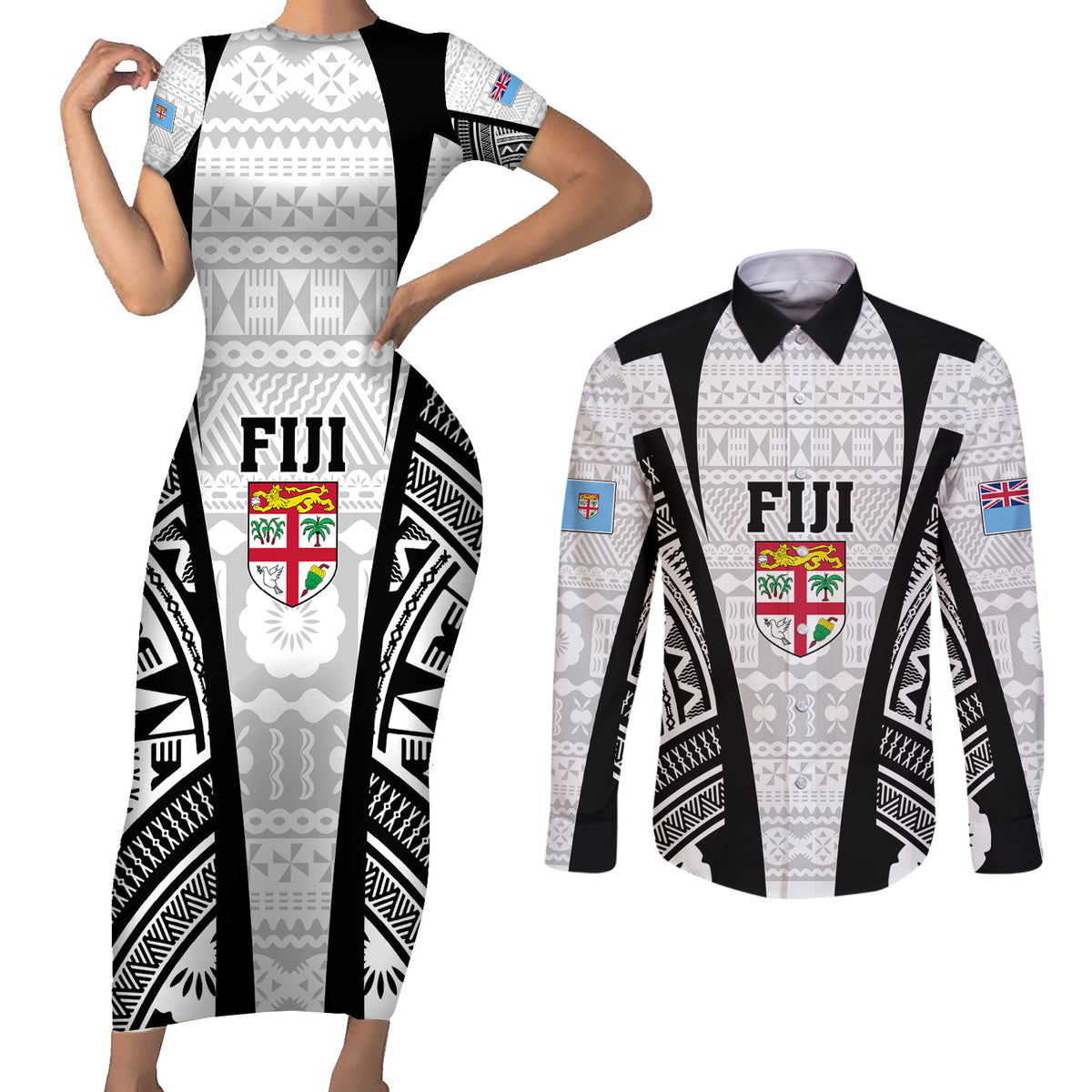 personalised-fiji-rugby-couples-matching-short-sleeve-bodycon-dress-and-long-sleeve-button-shirts-2023-world-cup-history-makers-white-ver