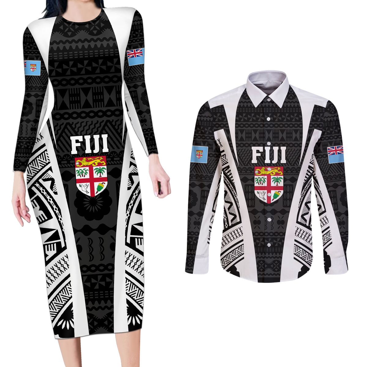personalised-fiji-rugby-couples-matching-long-sleeve-bodycon-dress-and-long-sleeve-button-shirts-2023-world-cup-history-makers-black-ver