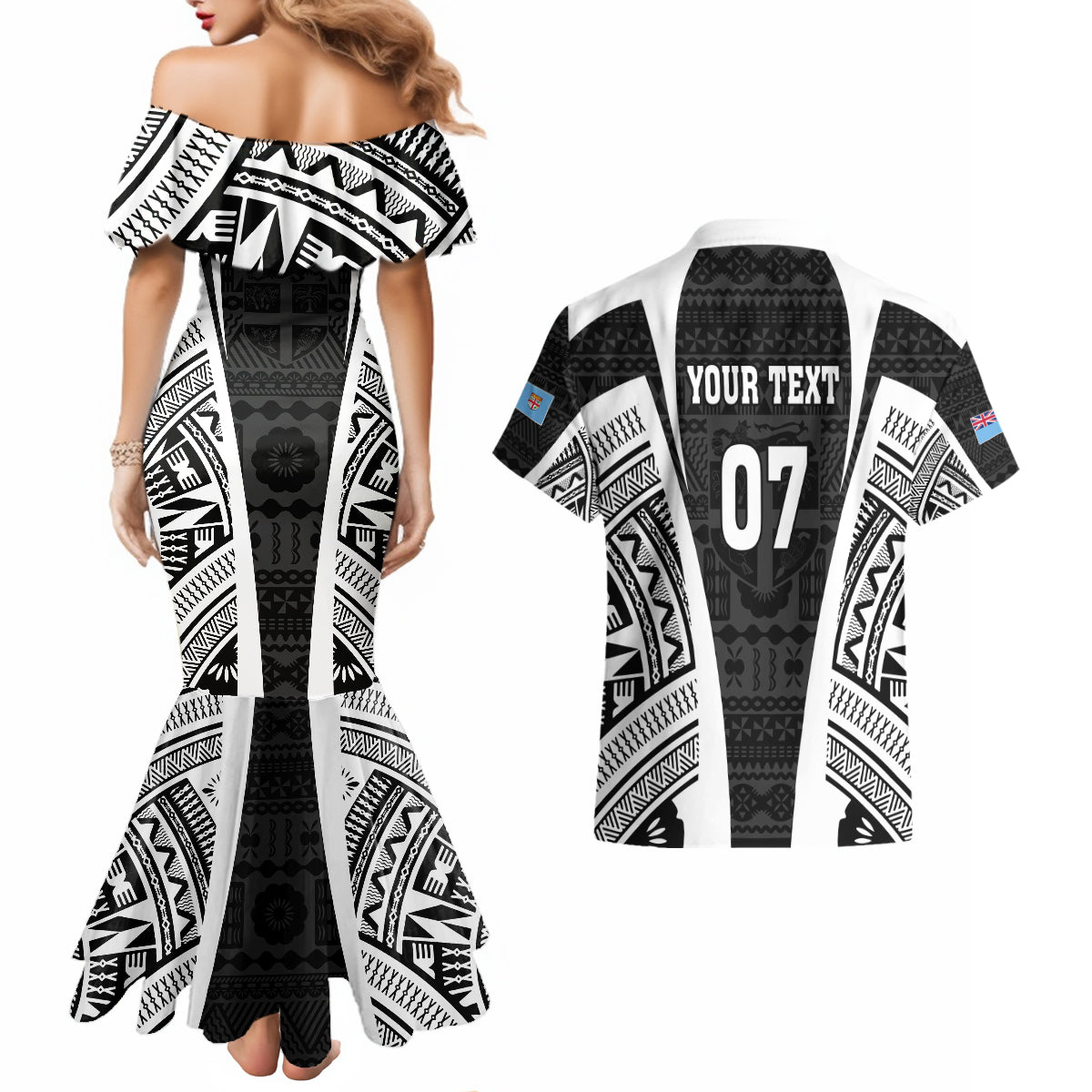 personalised-fiji-rugby-couples-matching-mermaid-dress-and-hawaiian-shirt-2023-world-cup-history-makers-black-ver