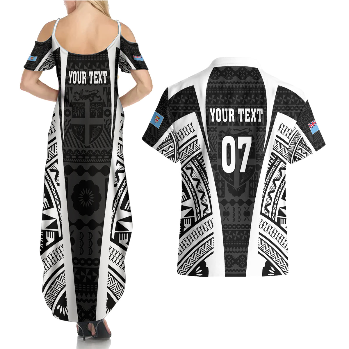 personalised-fiji-rugby-couples-matching-summer-maxi-dress-and-hawaiian-shirt-2023-world-cup-history-makers-black-ver